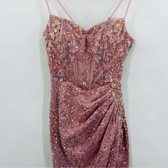 Rusty Rose Sparkly Lace Mermaid Evening High Slit Luxury Sequin Prom Large - Picture 13 of 14